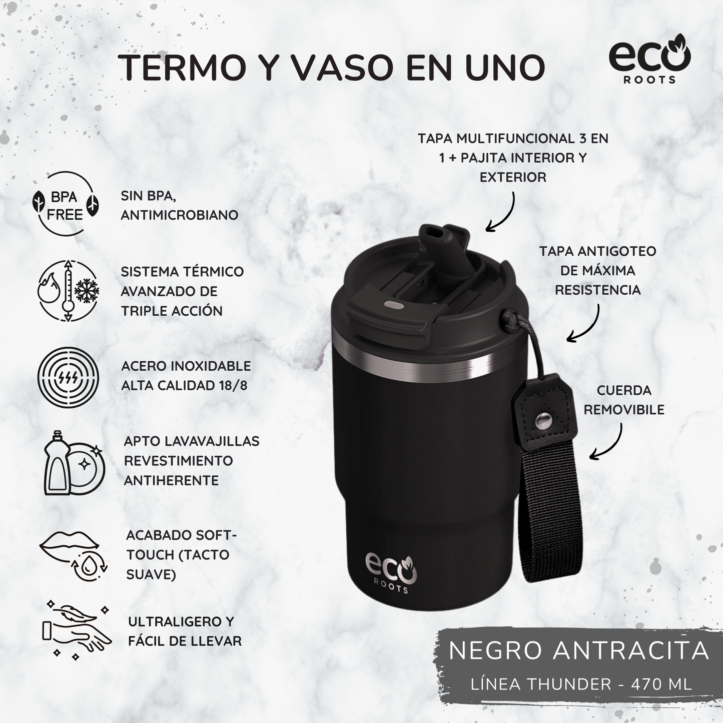 ECOROOTS Thunder I Termo y vaso térmico 470 ml (Negro Antracita)