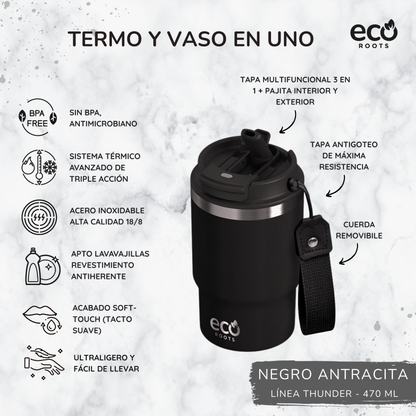 ECOROOTS Thunder I Termo y vaso térmico 470 ml (Negro Antracita)