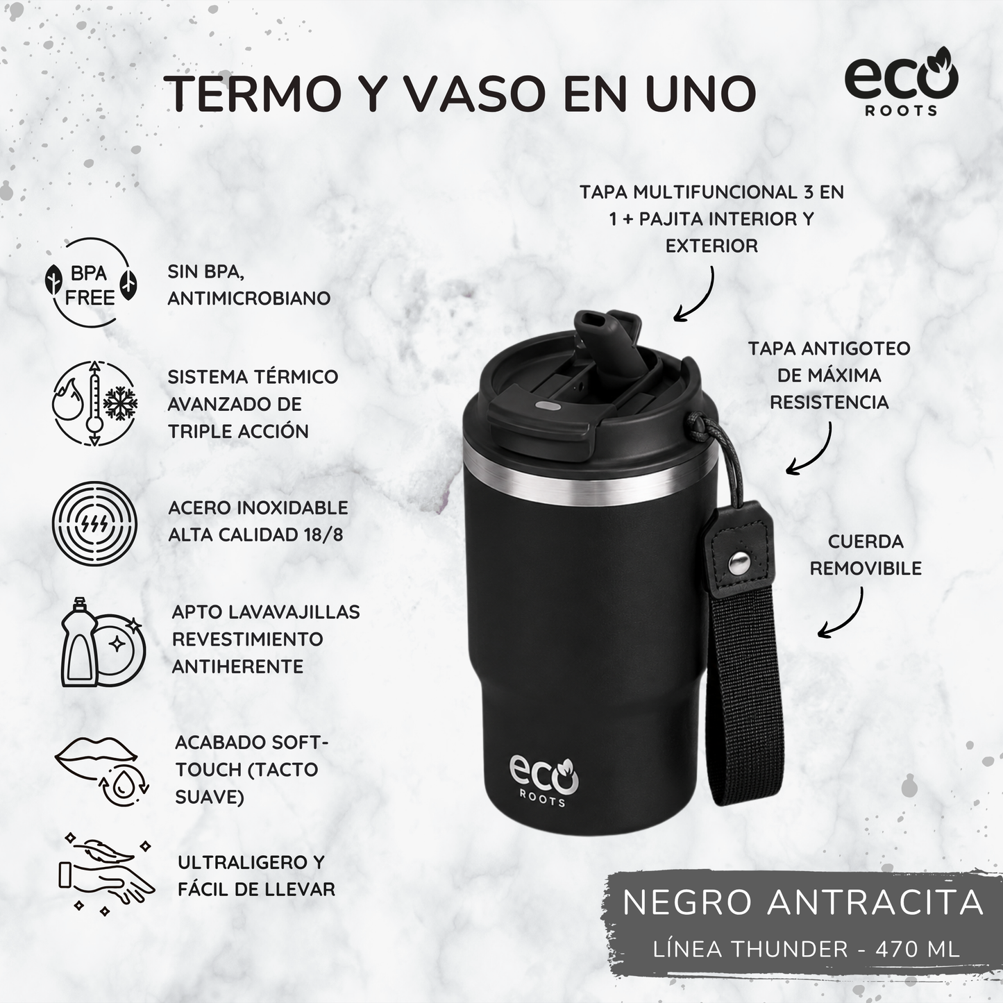 ECOROOTS Thunder I Termo y vaso térmico 470 ml (Negro Antracita)