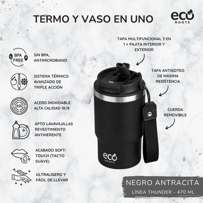 ECOROOTS Thunder I Termo y vaso térmico 470 ml (Negro Antracita)
