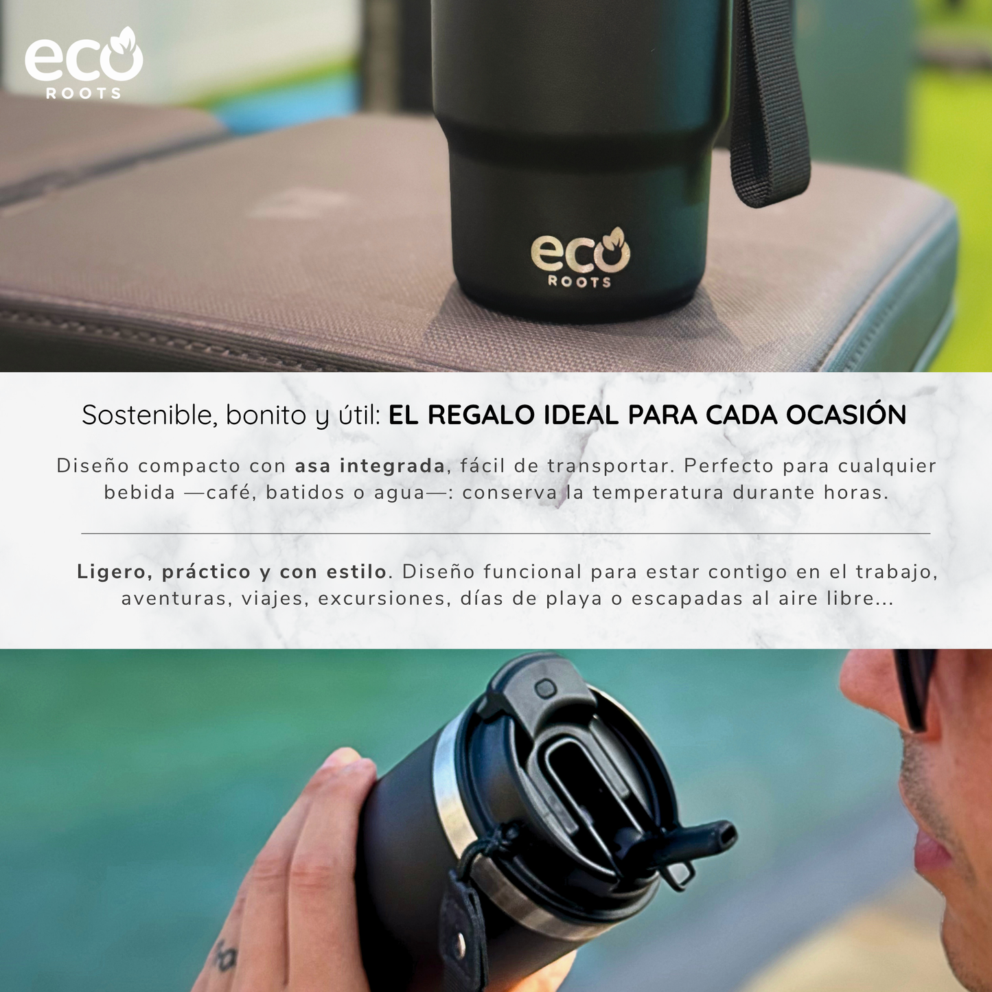 ECOROOTS Thunder I Termo y vaso térmico 470 ml (Negro Antracita)