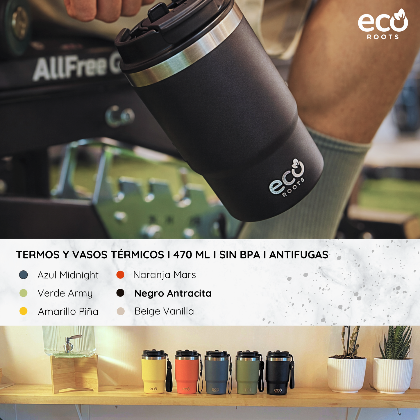 ECOROOTS Thunder I Termo y vaso térmico 470 ml (Negro Antracita)