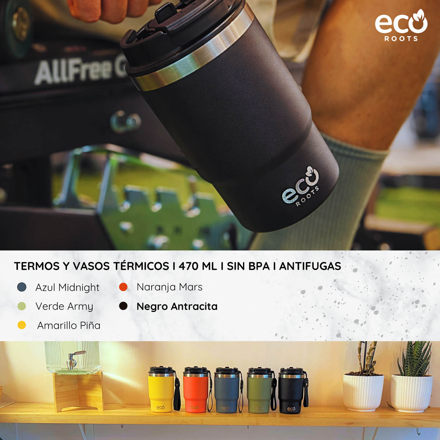 ECOROOTS Thunder I Termo y vaso térmico 470 ml (Negro Antracita)