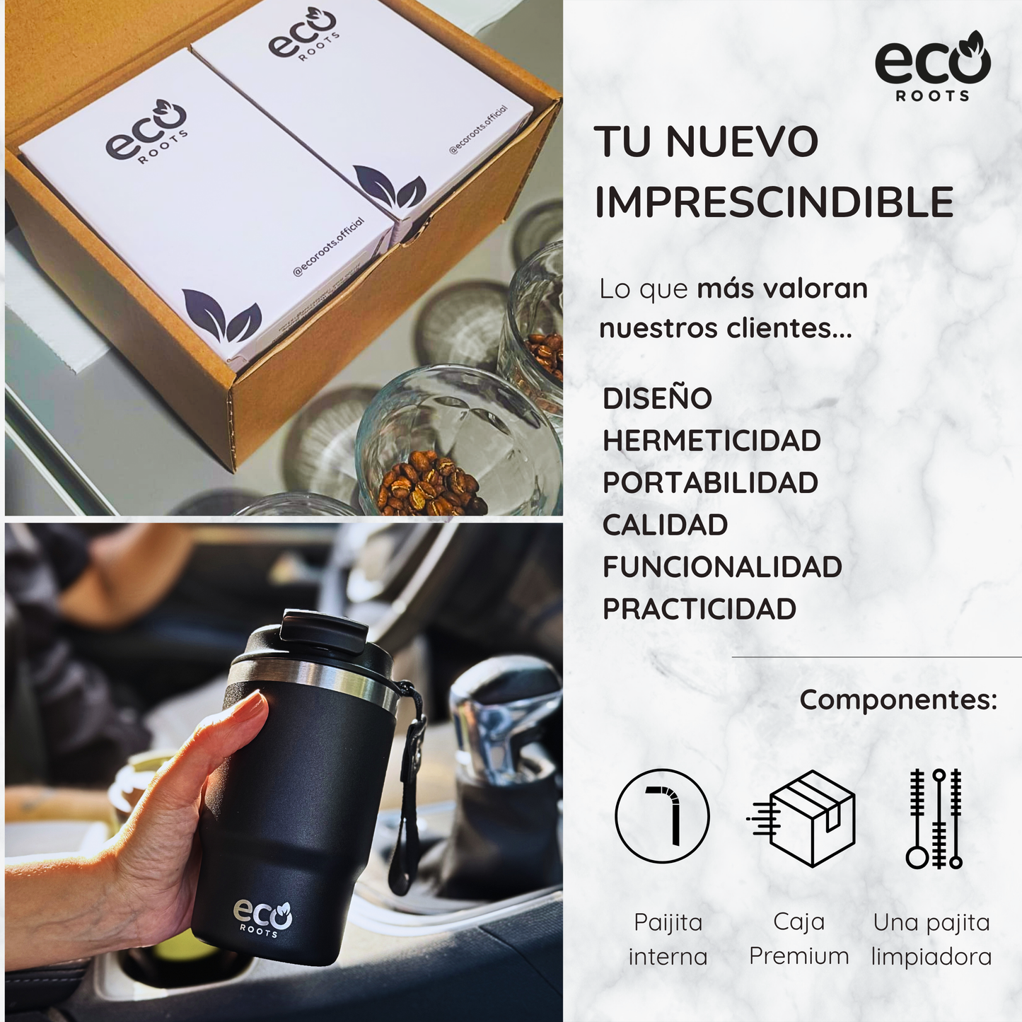 ECOROOTS Thunder I Termo y vaso térmico 470 ml (Negro Antracita)