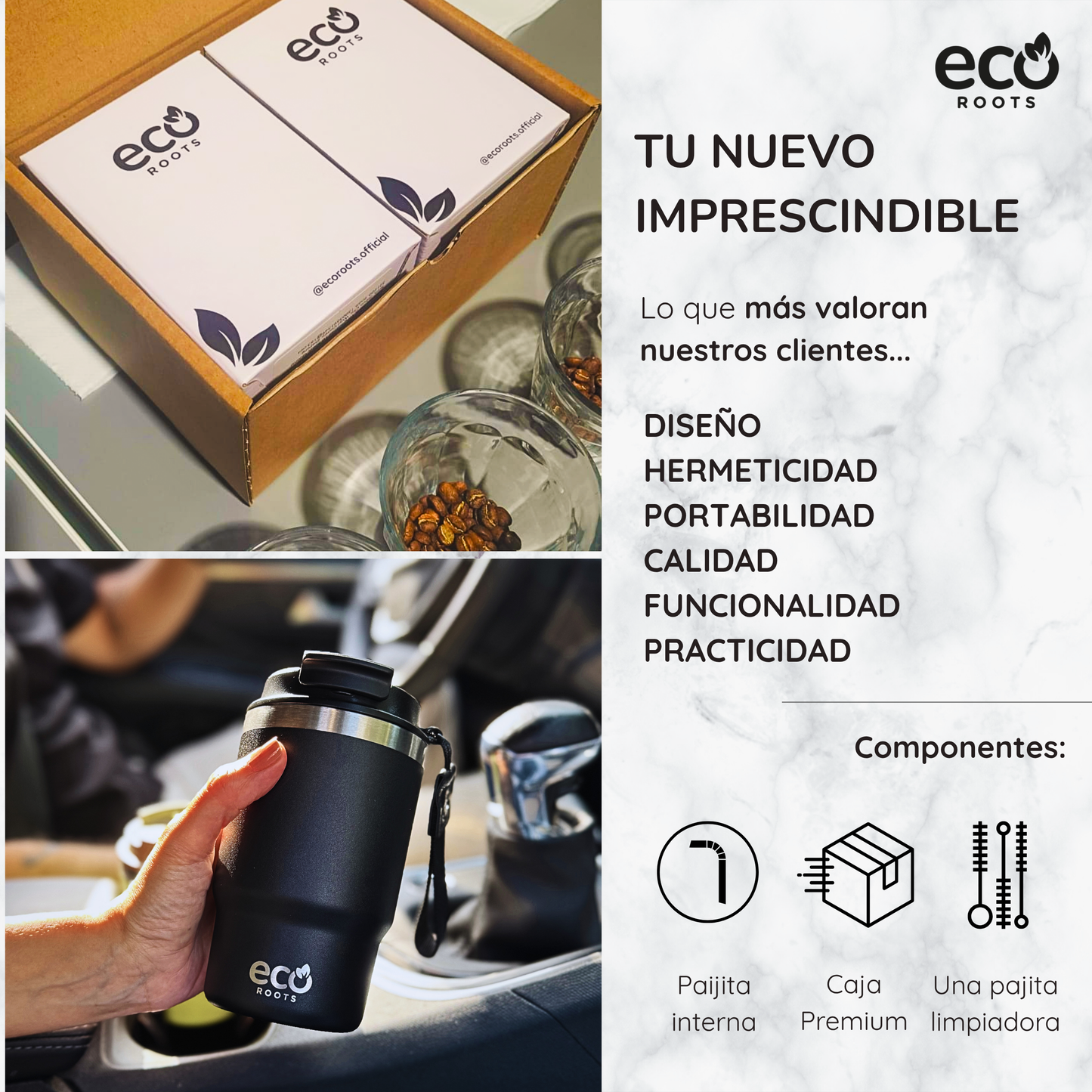 ECOROOTS Thunder I Termo y vaso térmico 470 ml (Negro Antracita)