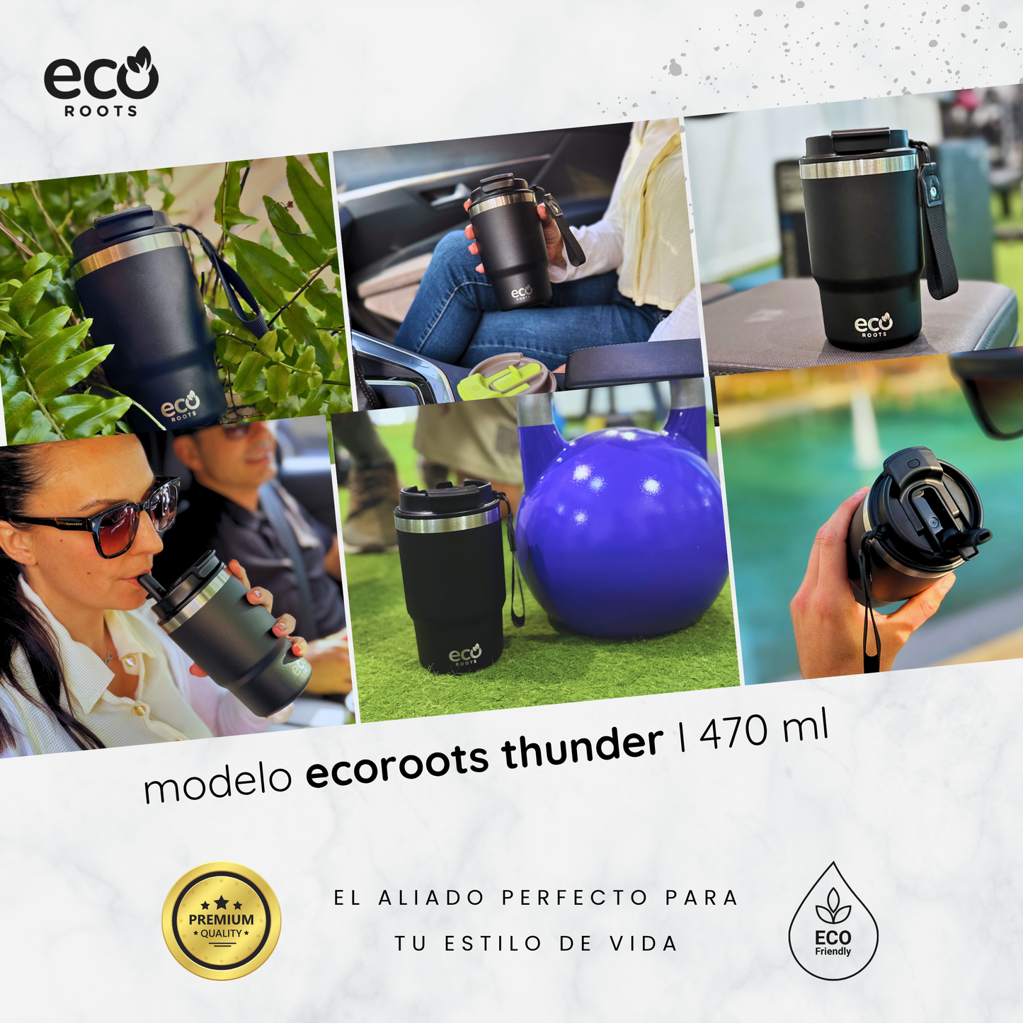 ECOROOTS Thunder I Termo y vaso térmico 470 ml (Negro Antracita)