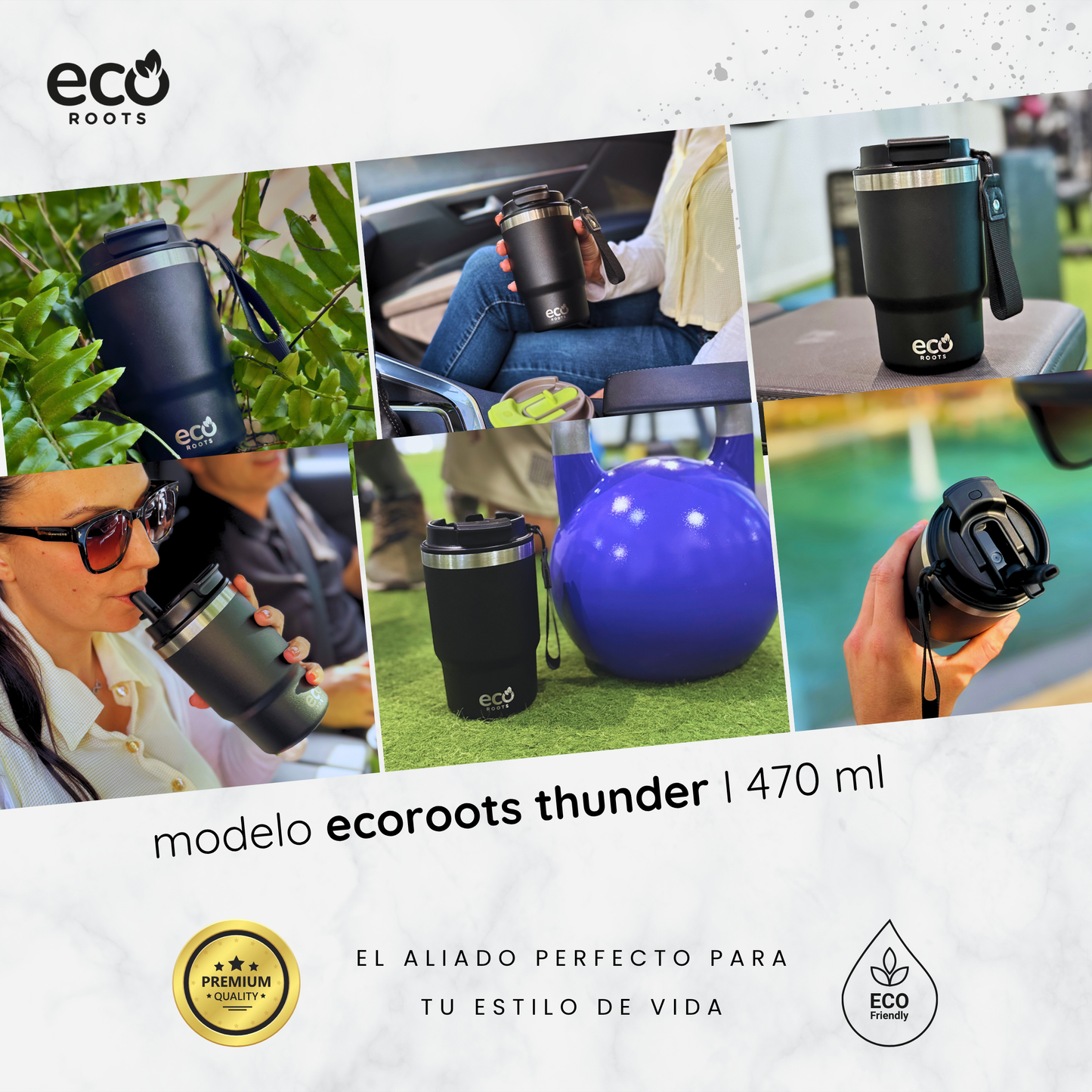 ECOROOTS Thunder I Termo y vaso térmico 470 ml (Negro Antracita)