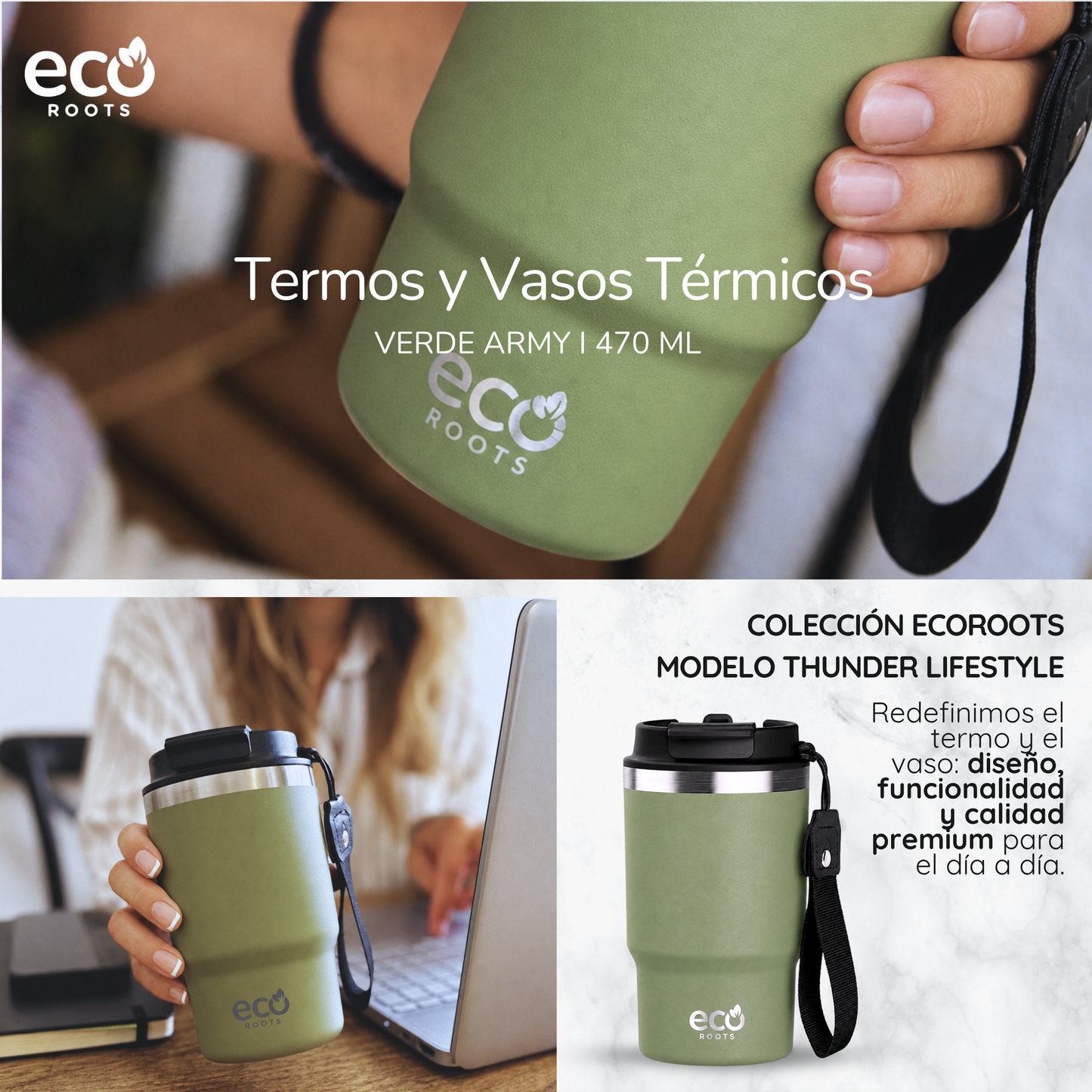 ECOROOTS Thunder I Termo y vaso térmico 470 ml (Verde Army)