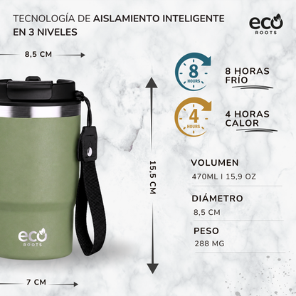 ECOROOTS Thunder I Termo y vaso térmico 470 ml (Verde Army)
