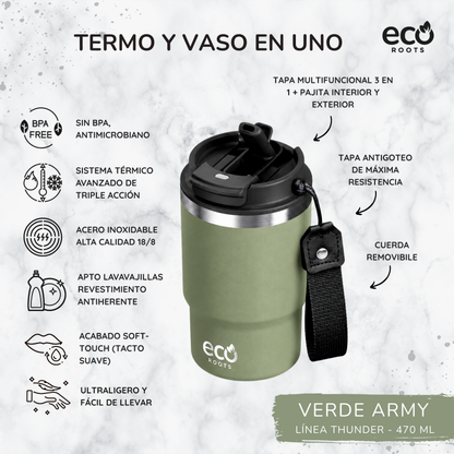ECOROOTS Thunder I Termo y vaso térmico 470 ml (Verde Army)