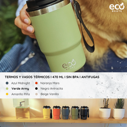 ECOROOTS Thunder I Termo y vaso térmico 470 ml (Verde Army)