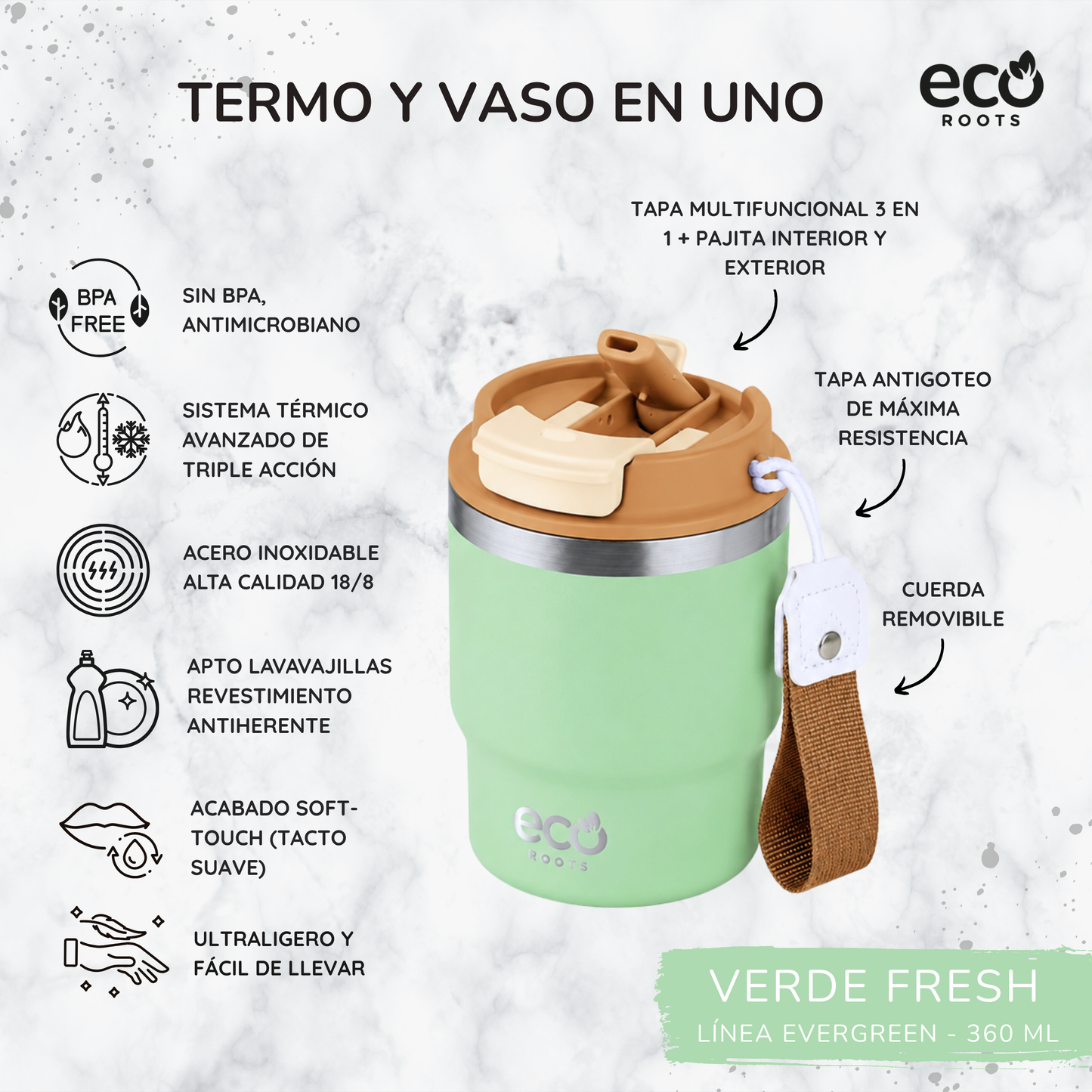 ECOROOTS Evergreen I Termo y vaso térmico 360 ml (Verde Fresh)