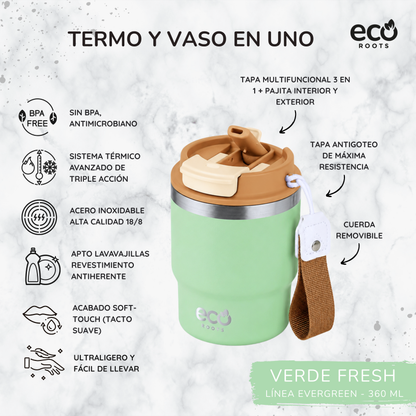 ECOROOTS Evergreen I Termo y vaso térmico 360 ml (Verde Fresh)