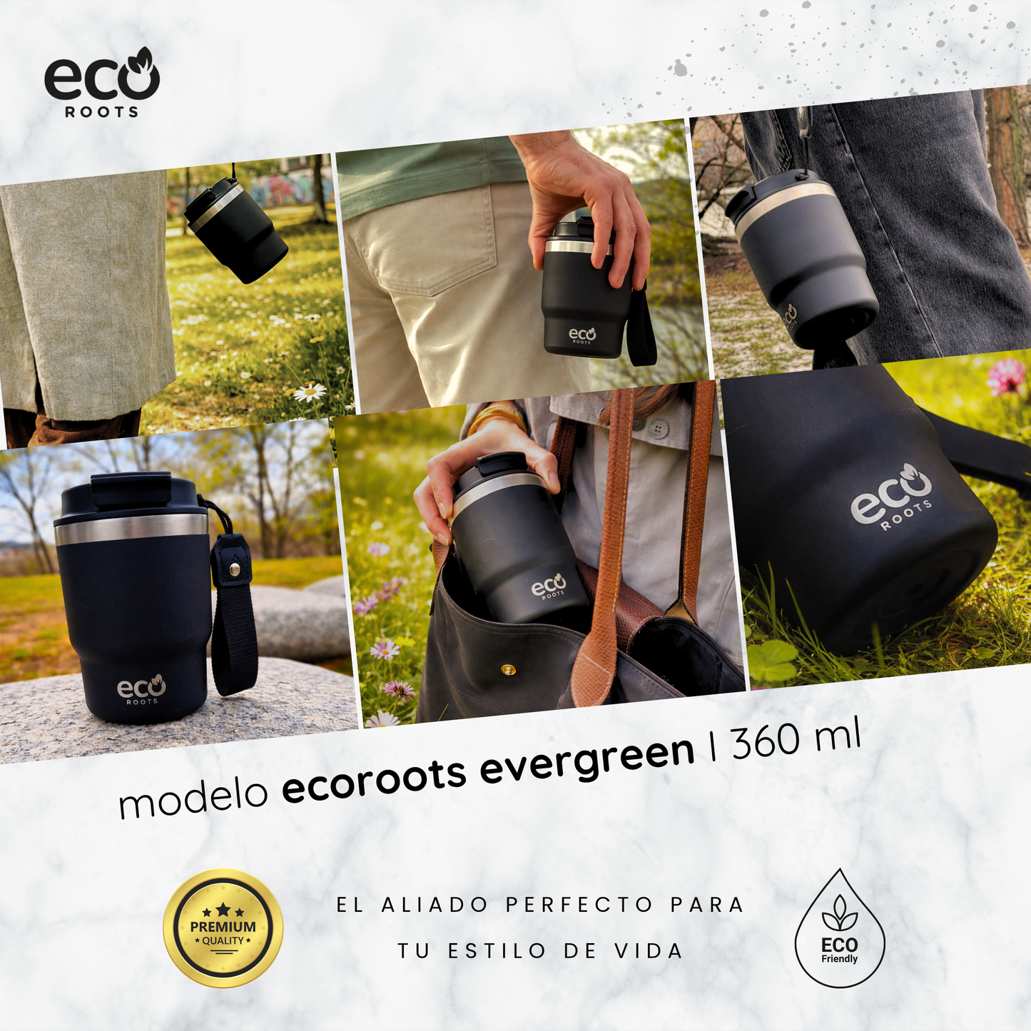 ECOROOTS Evergreen I Termo y vaso térmico 360 ml (Negro Velvet) · Edición limitada