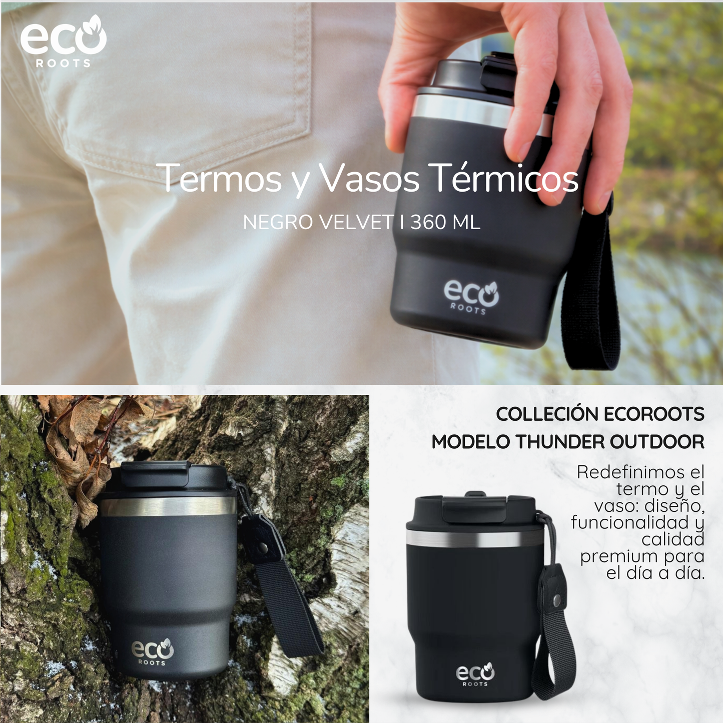 ECOROOTS Evergreen I Termo y vaso térmico 360 ml (Negro Velvet) · Edición limitada