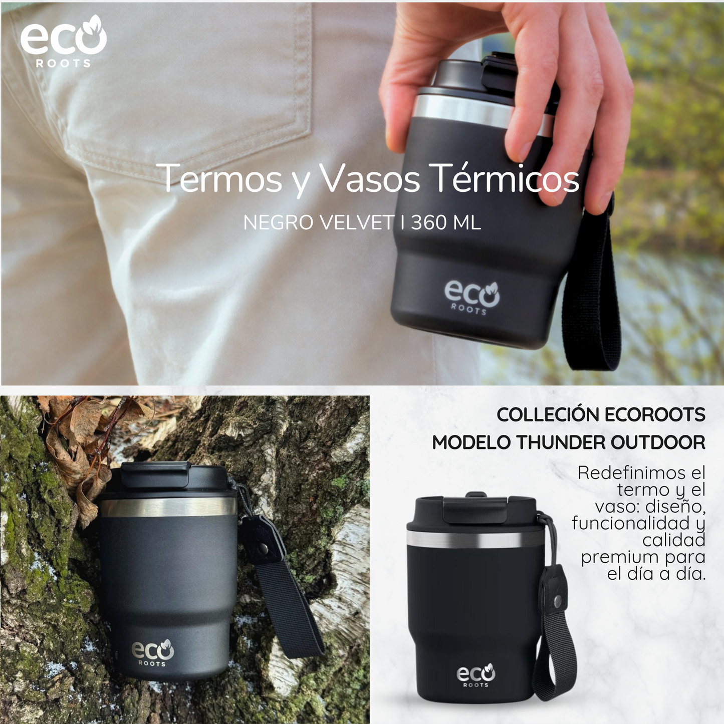 ECOROOTS Evergreen I Termo 360 º I Vaso térmico (Negro Velvet) I EDICIÓN LIMITADA