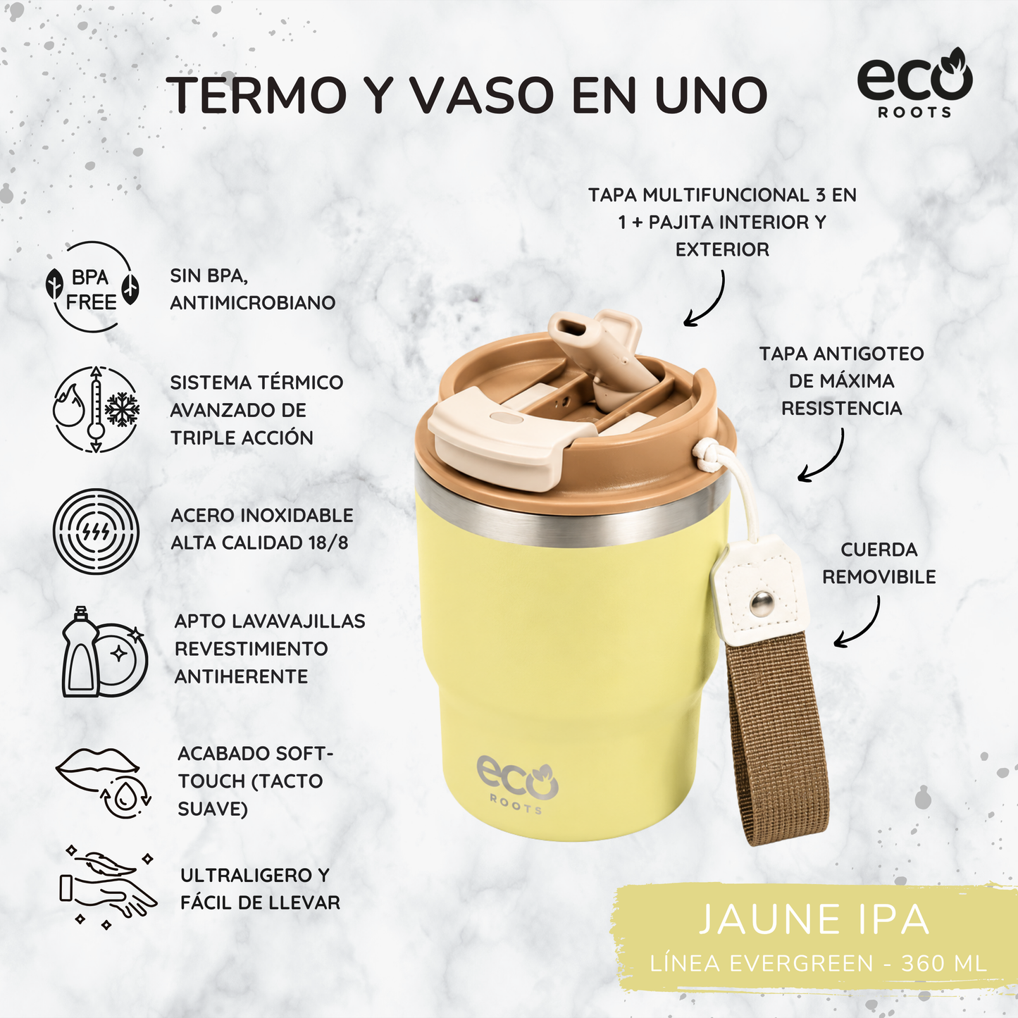 ECOROOTS Evergreen I Termo y vaso térmico 360 ml (Amarillo Ipa)