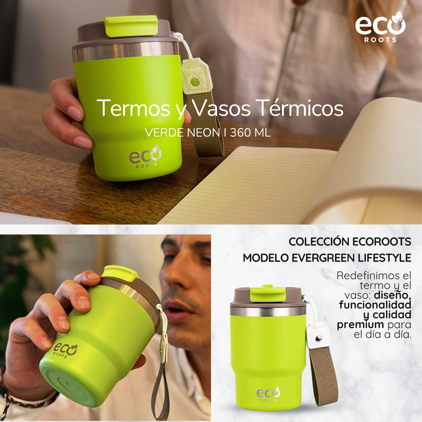 ECOROOTS Evergreen I Termo y vaso térmico 360 ml (Verde Neon)