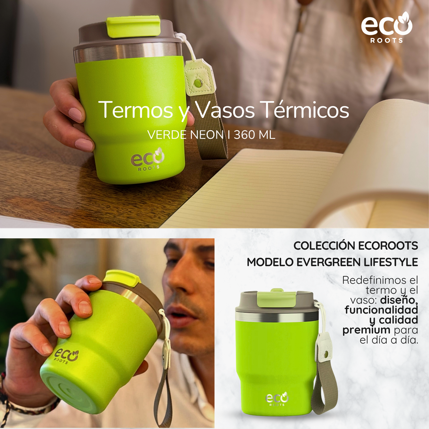 ECOROOTS Evergreen I Termo y vaso térmico 360 ml (Verde Neon)
