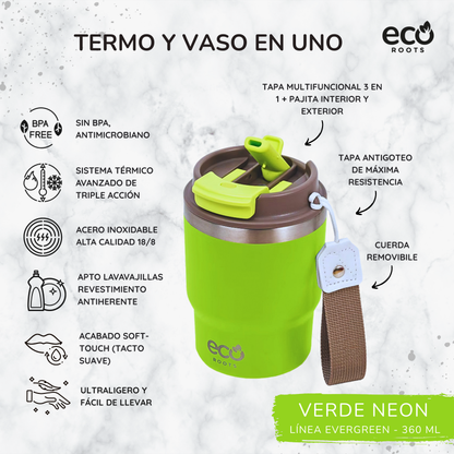 ECOROOTS Evergreen I Termo y vaso térmico 360 ml (Verde Neon)