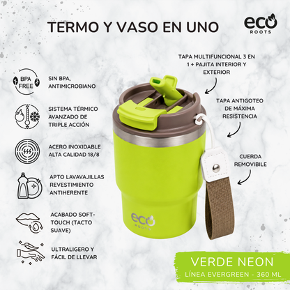 ECOROOTS Evergreen I Termo y vaso térmico 360 ml (Verde Neon)