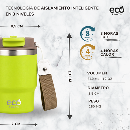ECOROOTS Evergreen I Termo y vaso térmico 360 ml (Verde Neon)