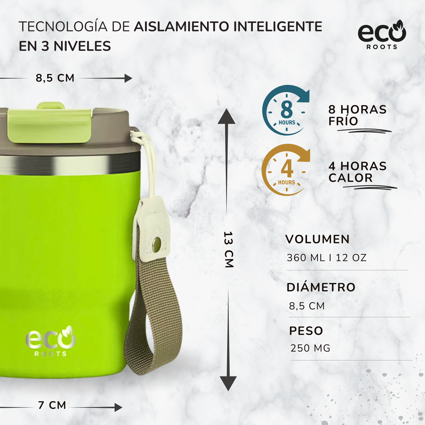 ECOROOTS Evergreen I Termo y vaso térmico 360 ml (Verde Neon)