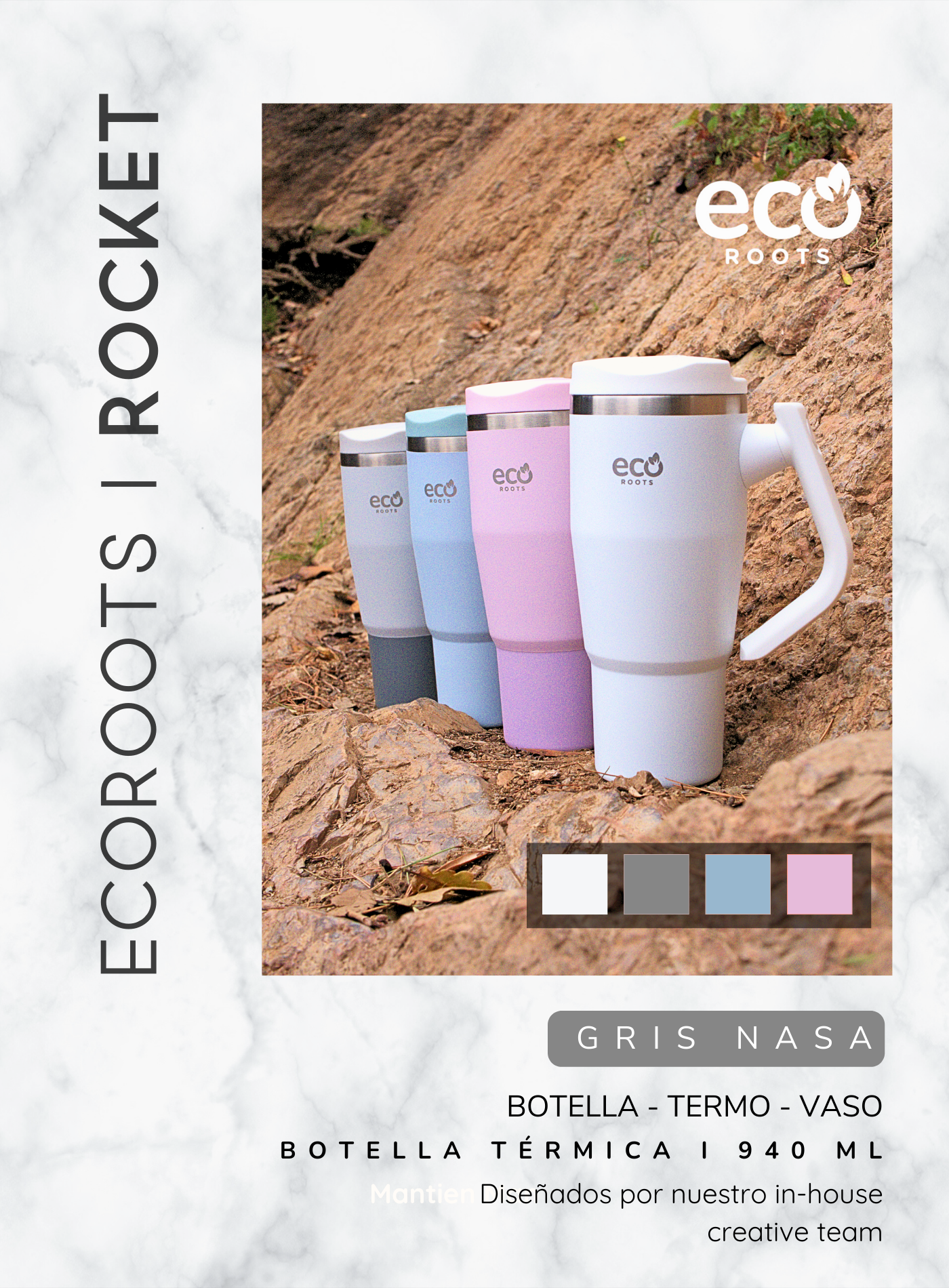 ECOROOTS I Rocket Active I Botella Térmica I Termo I Asa móvil I Gris Nasa I 940 ml