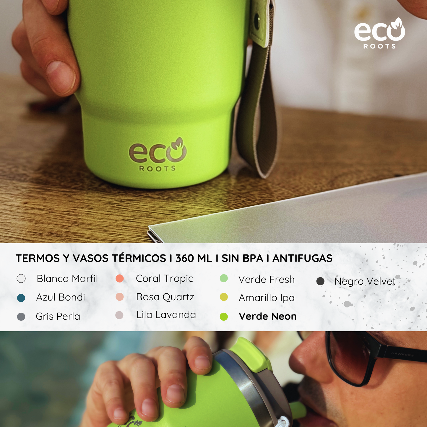 ECOROOTS Evergreen I Termo y vaso térmico 360 ml (Verde Neon)
