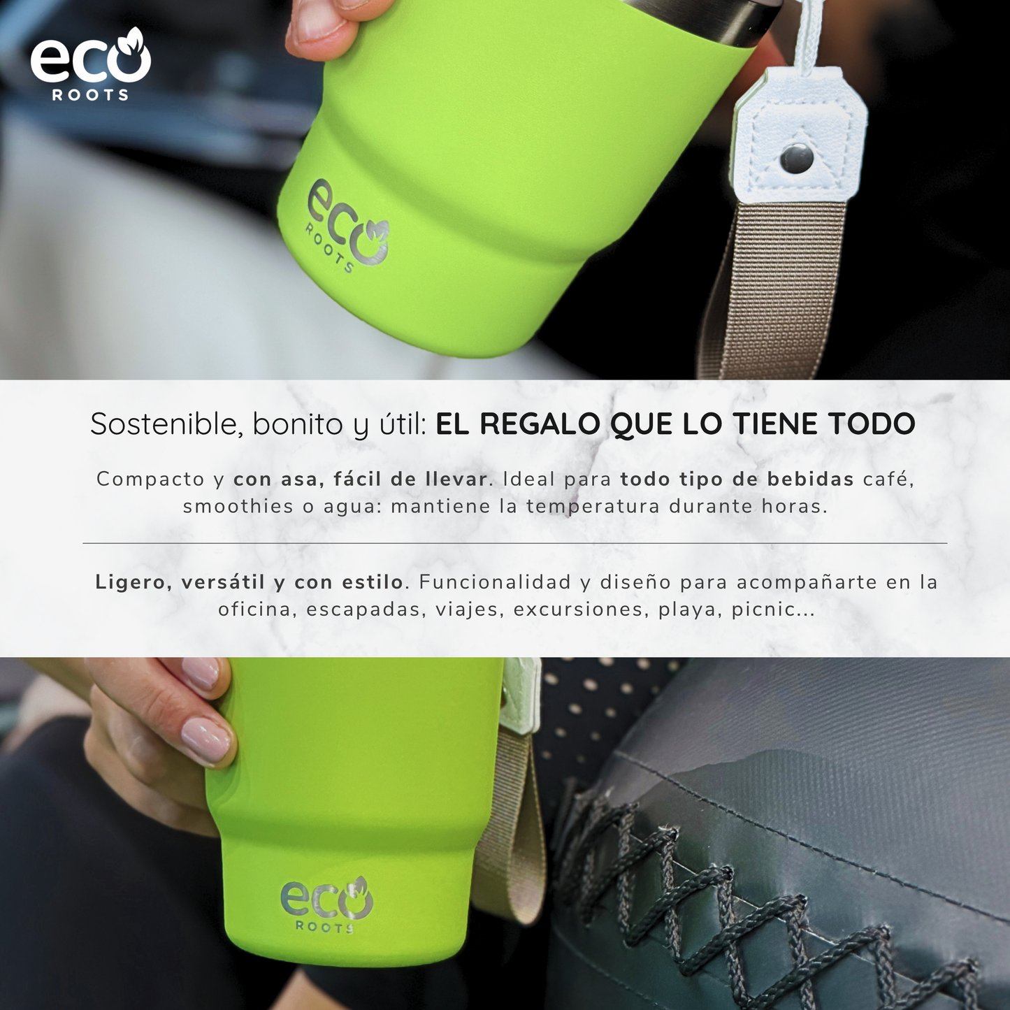 ECOROOTS Evergreen I Termo y vaso térmico 360 ml (Verde Neon)