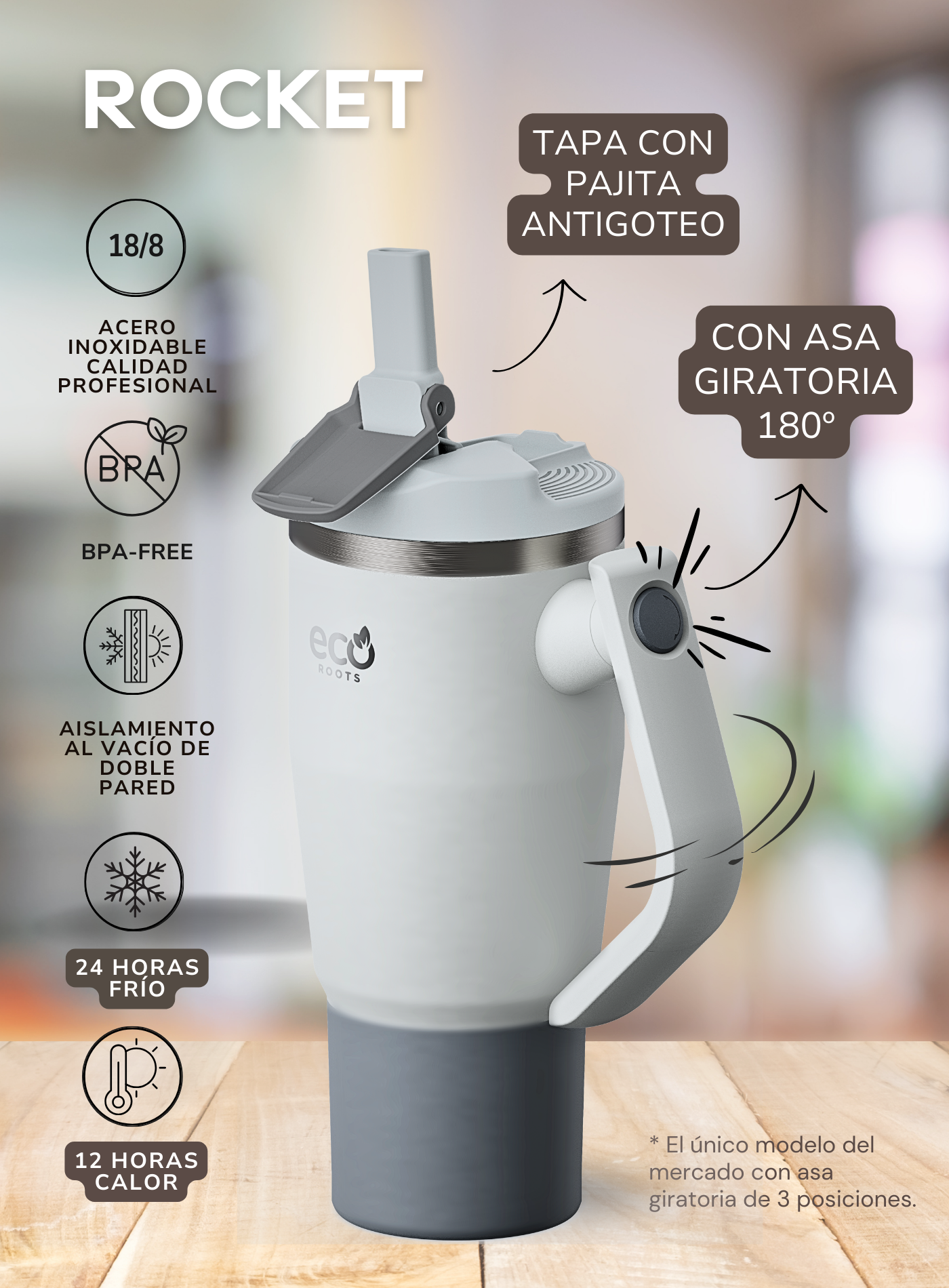 ECOROOTS I Rocket Active I Botella Térmica I Termo I Asa móvil I Gris Nasa I 940 ml