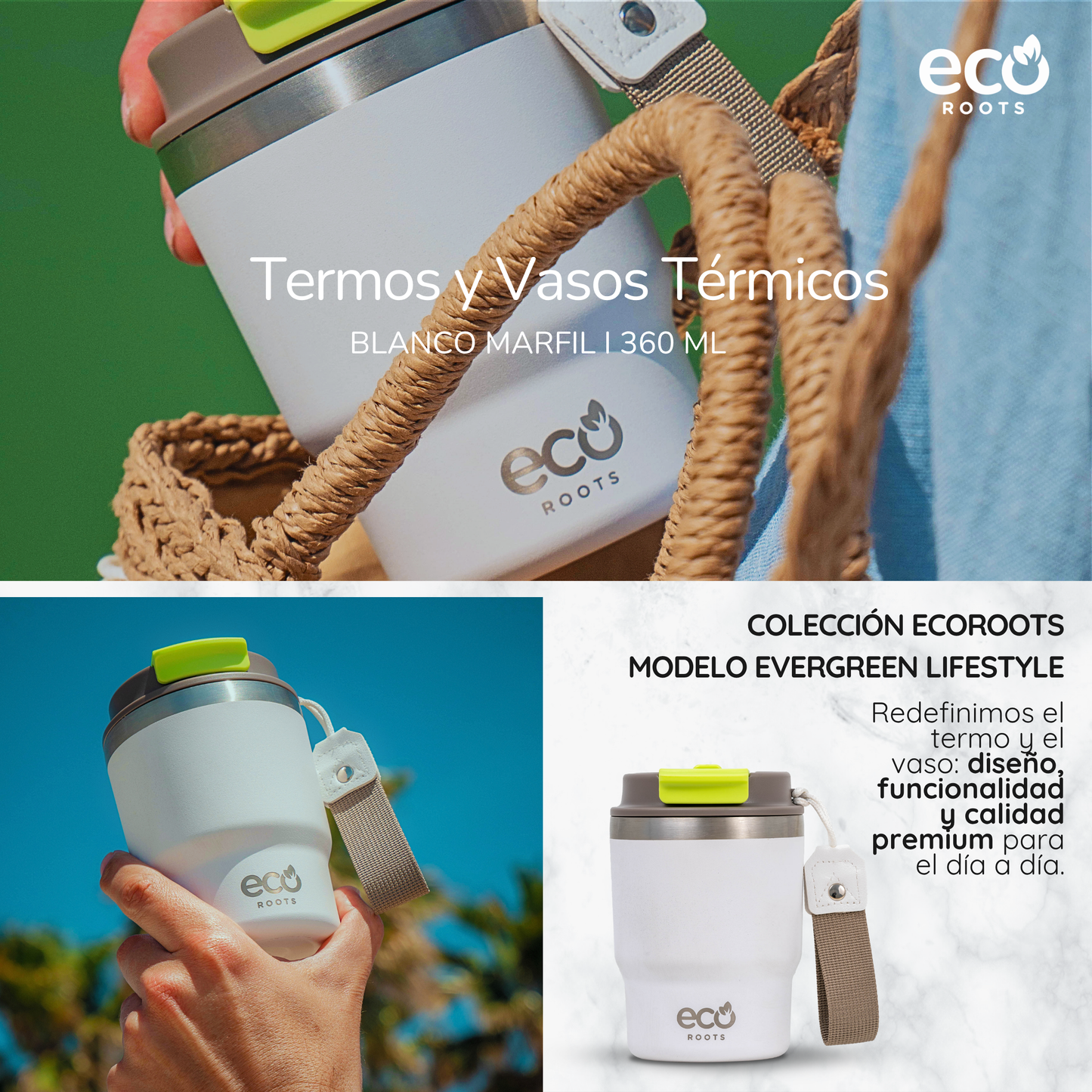 ECOROOTS Evergreen I Termo y vaso térmico 360 ml (Blanco Marfil)