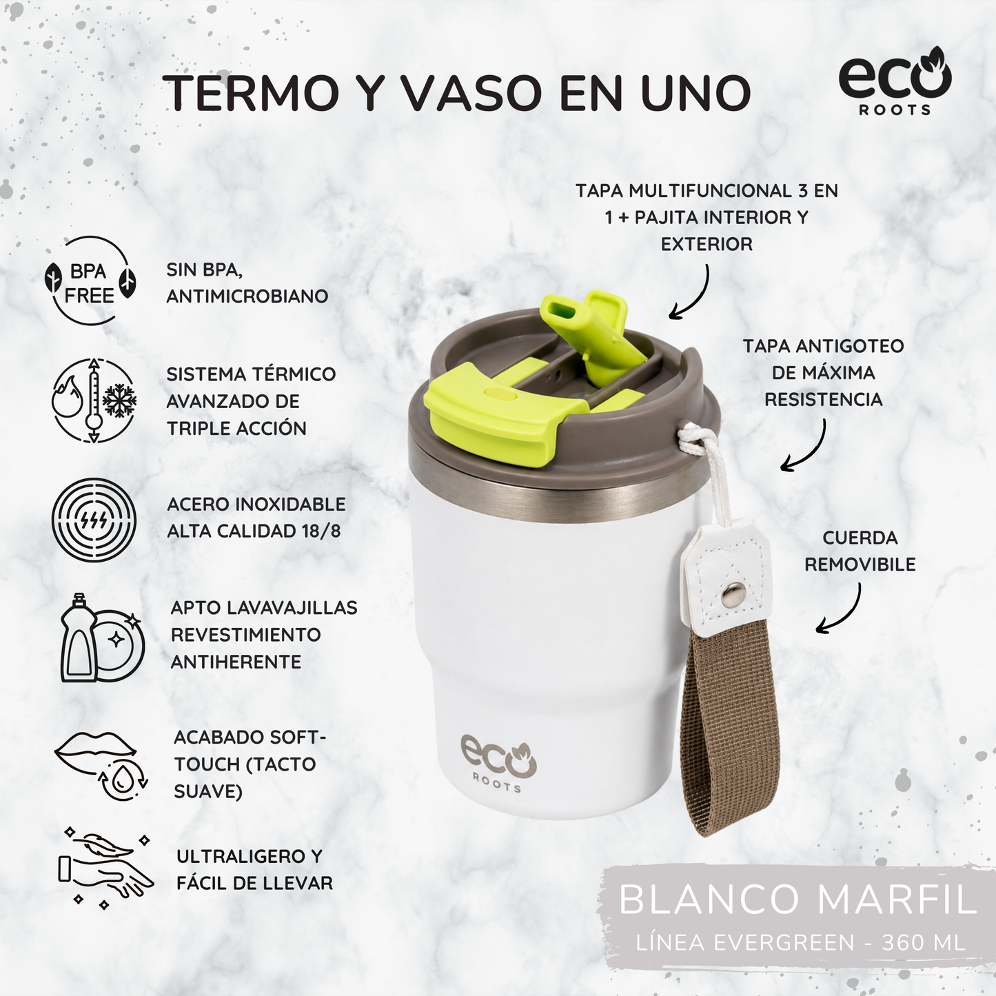 ECOROOTS Evergreen I Termo y vaso térmico 360 ml (Blanco Marfil)