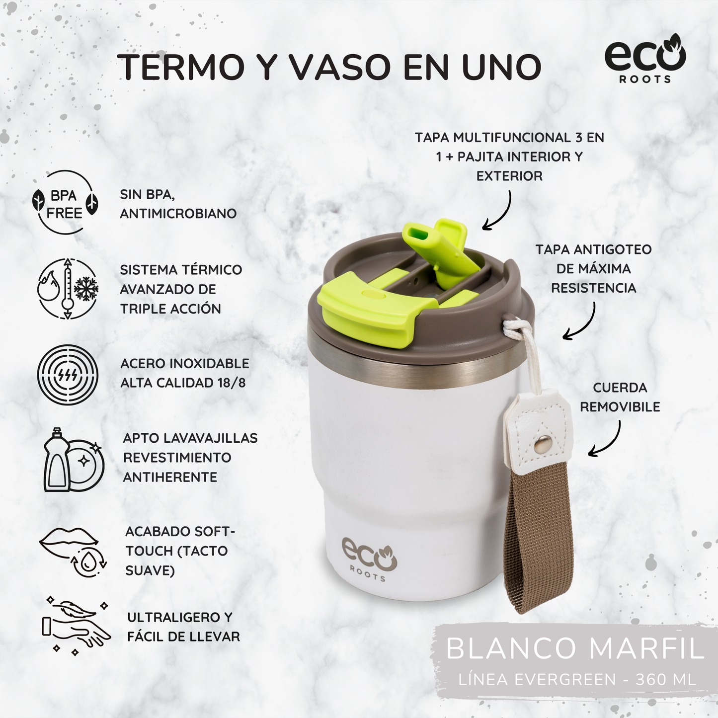 ECOROOTS Evergreen I Termo y vaso térmico 360 ml (Blanco Marfil)