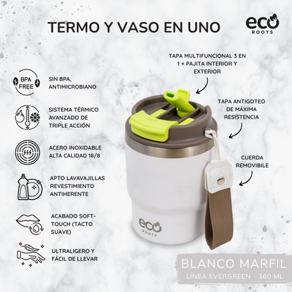 ECOROOTS Evergreen I Termo y vaso térmico 360 ml (Blanco Marfil)