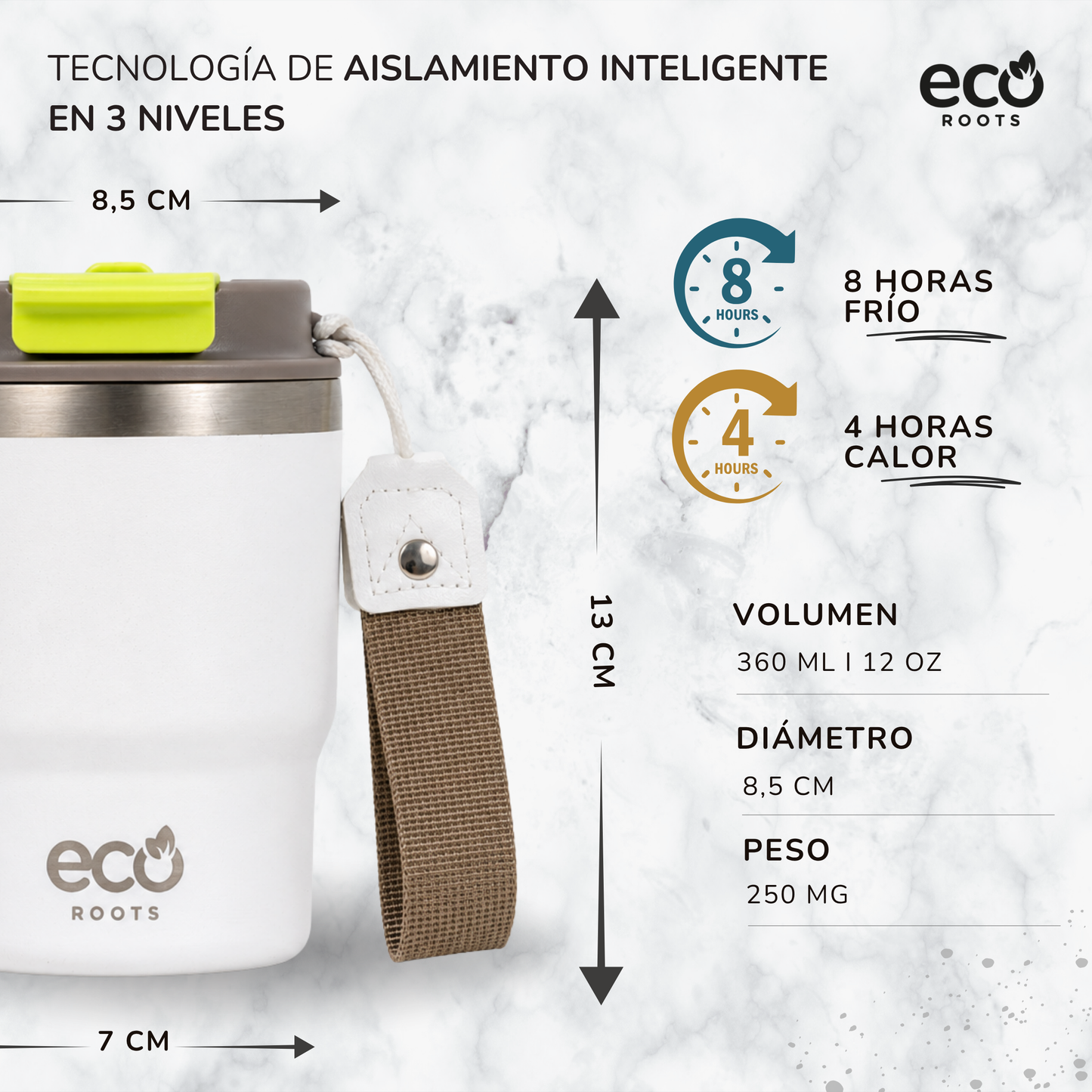 ECOROOTS Evergreen I Termo y vaso térmico 360 ml (Blanco Marfil)