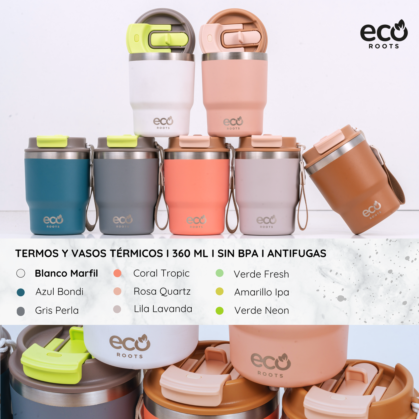 ECOROOTS Evergreen I Termo y vaso térmico 360 ml (Blanco Marfil)