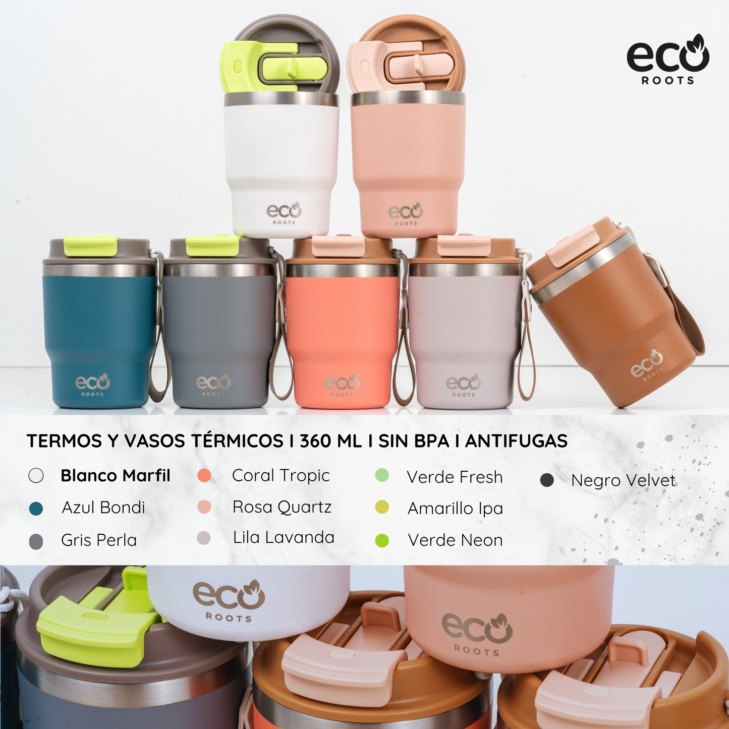 ECOROOTS Evergreen I Termo y vaso térmico 360 ml (Blanco Marfil)