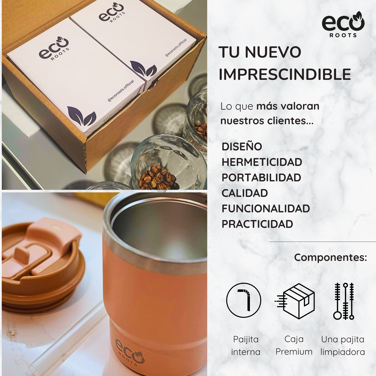 ECOROOTS Evergreen I Termo y vaso térmico 360 ml (Blanco Marfil)