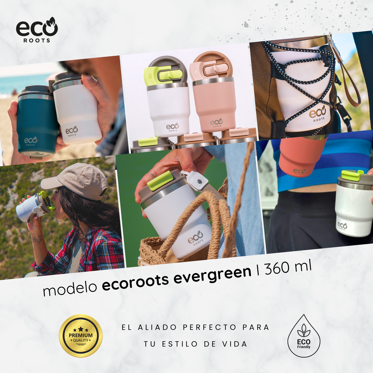 ECOROOTS Evergreen I Termo y vaso térmico 360 ml (Blanco Marfil)