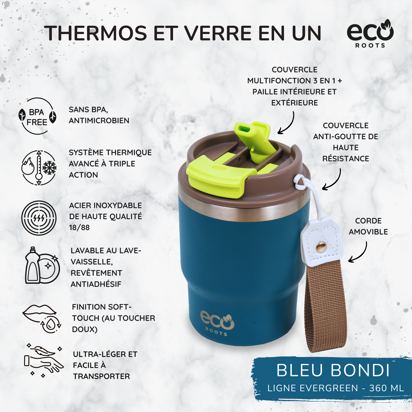 ECOROOTS Evergreen I Termo y vaso térmico 470 ml (Azul Bondi)