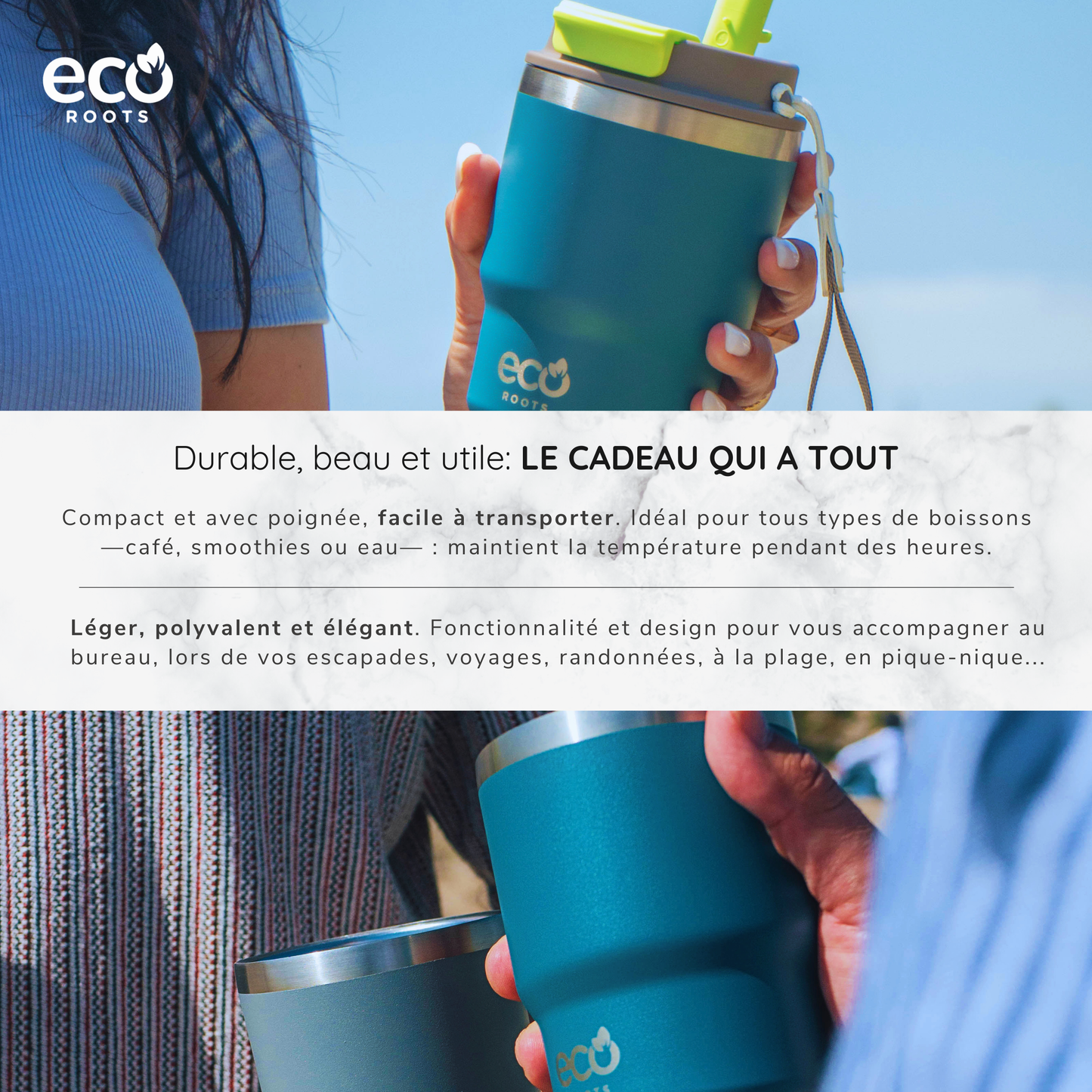 ECOROOTS Evergreen I Termo y vaso térmico 470 ml (Azul Bondi)