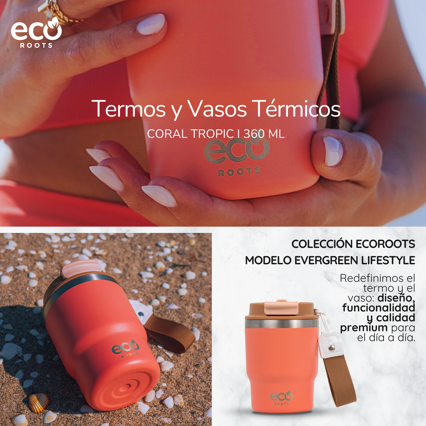 ECOROOTS Evergreen I Termo y vaso térmico 360 ml (Coral Tropic)