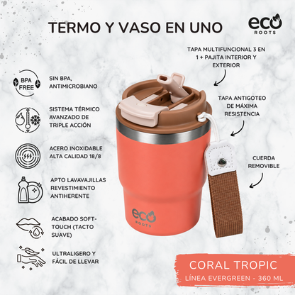 ECOROOTS Evergreen I Termo y vaso térmico 360 ml (Coral Tropic)