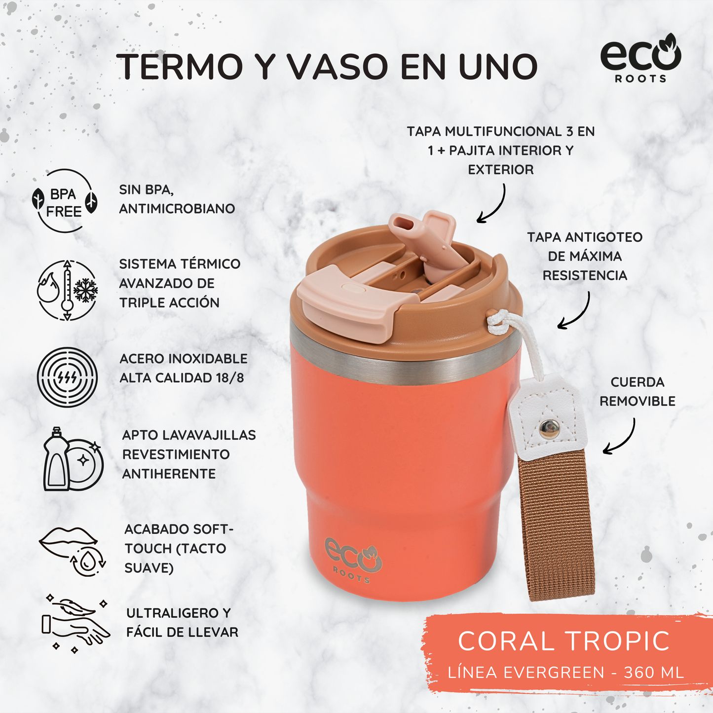 ECOROOTS Evergreen I Termo y vaso térmico 360 ml (Coral Tropic)