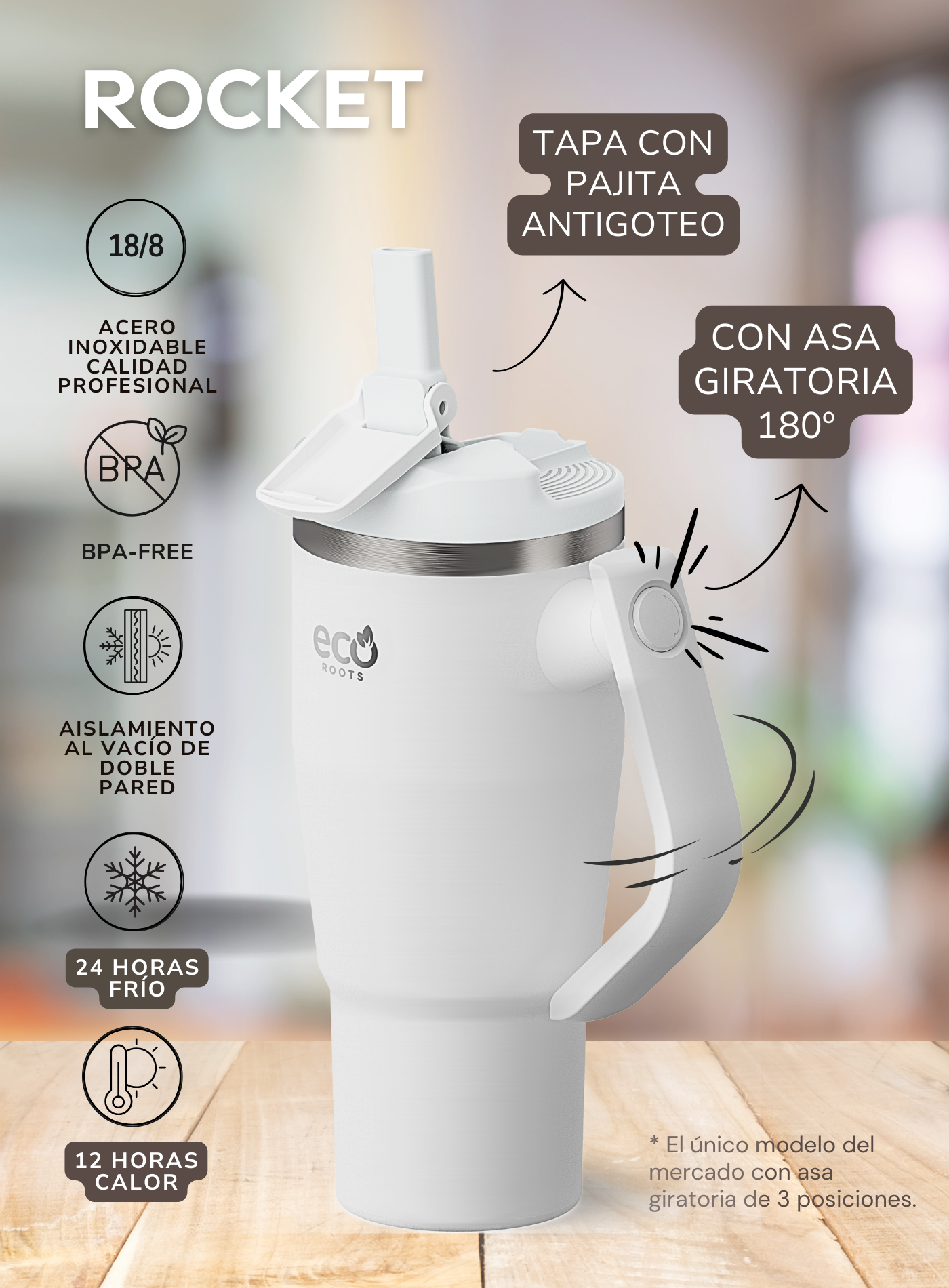 Rocket Active I Botella Térmica I Termo I Asa móvil I Blanco Snow I 940 ml