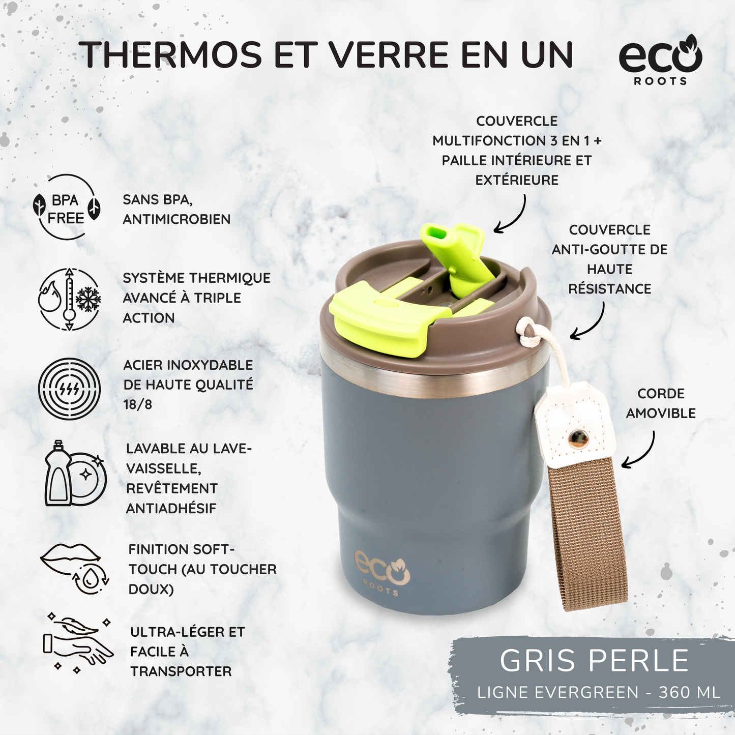 ECOROOTS Evergreen I Termo y vaso térmico 360 ml (Gris Perla)