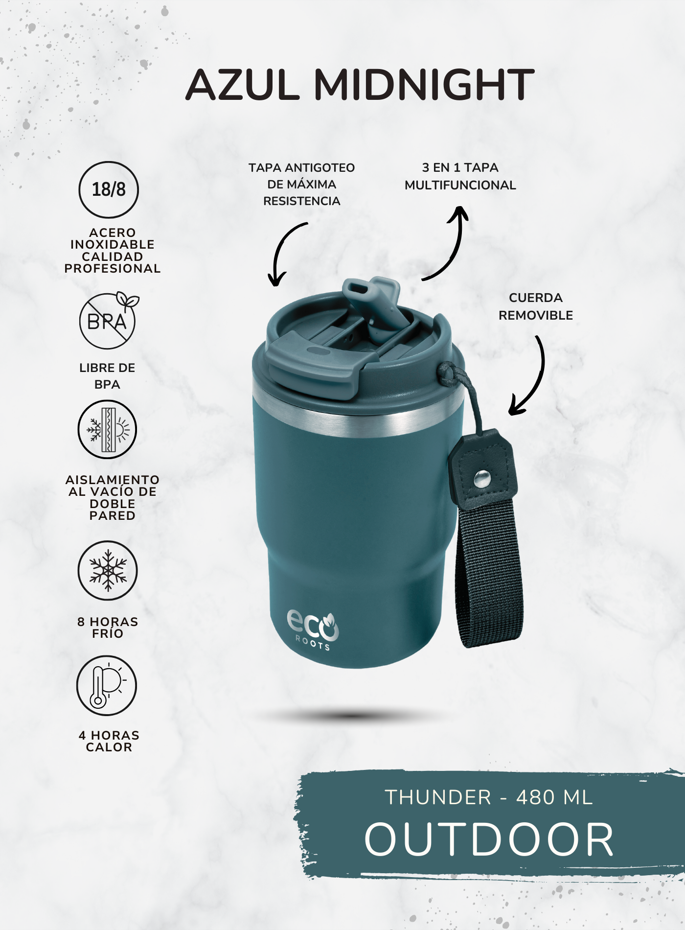 ECOROOTS I Thunder Outdoor ecoroots I Termo I Vaso térmico I Azul Midnight I 470 ml  🛒 (PRÓXIMAMENTE)