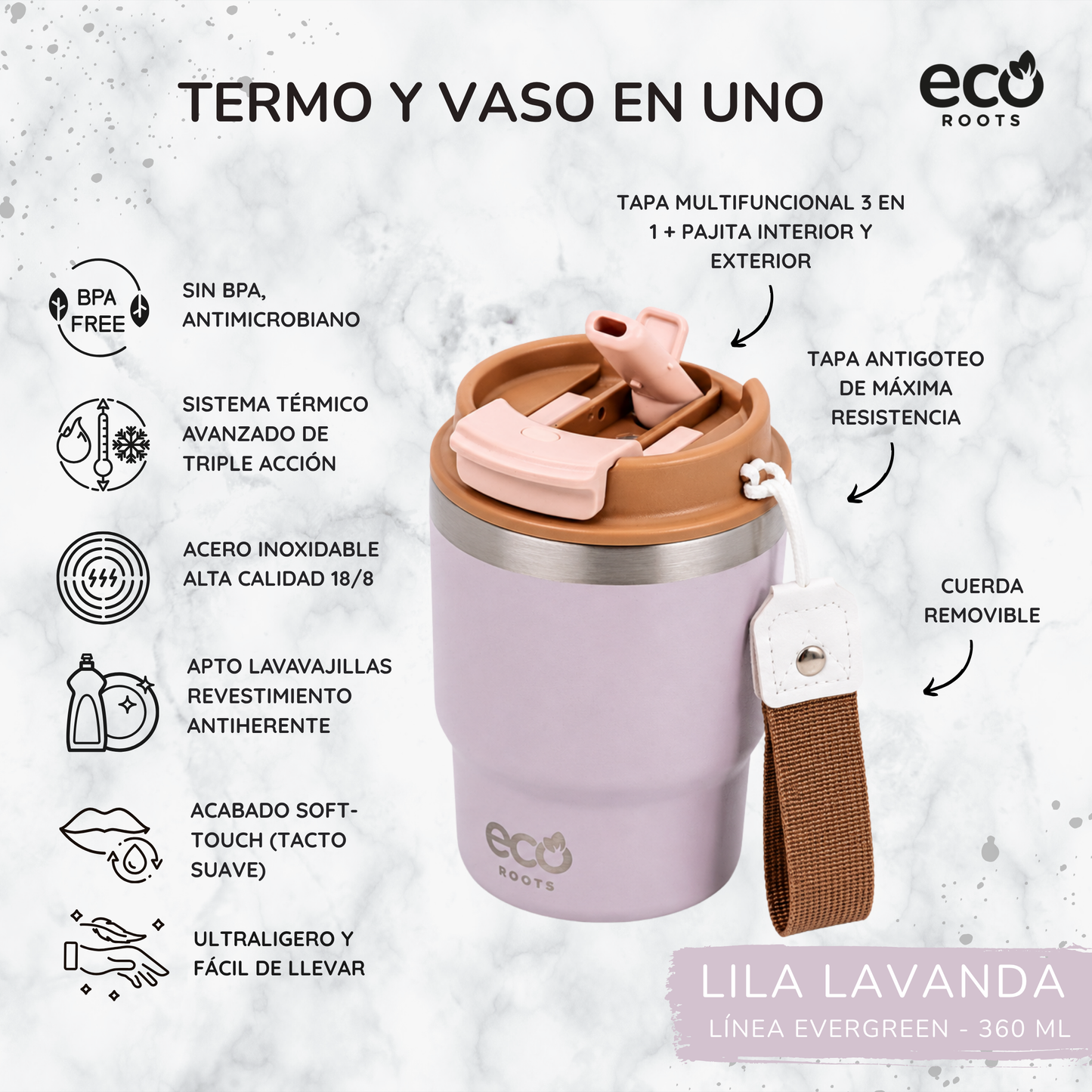 ECOROOTS Evergreen I Termo y vaso térmico 360 ml (Lila Lavanda)
