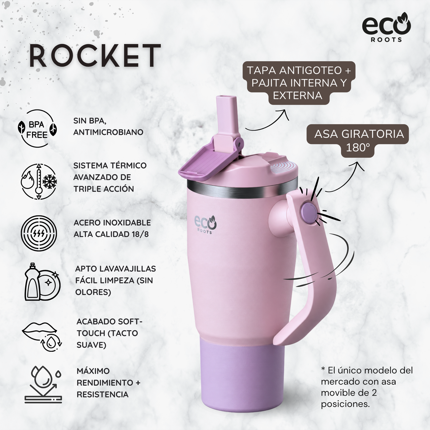 ECOROOTS Rocket I Botella Térmica 940 ml I Asa móvil (Rosa Blush)